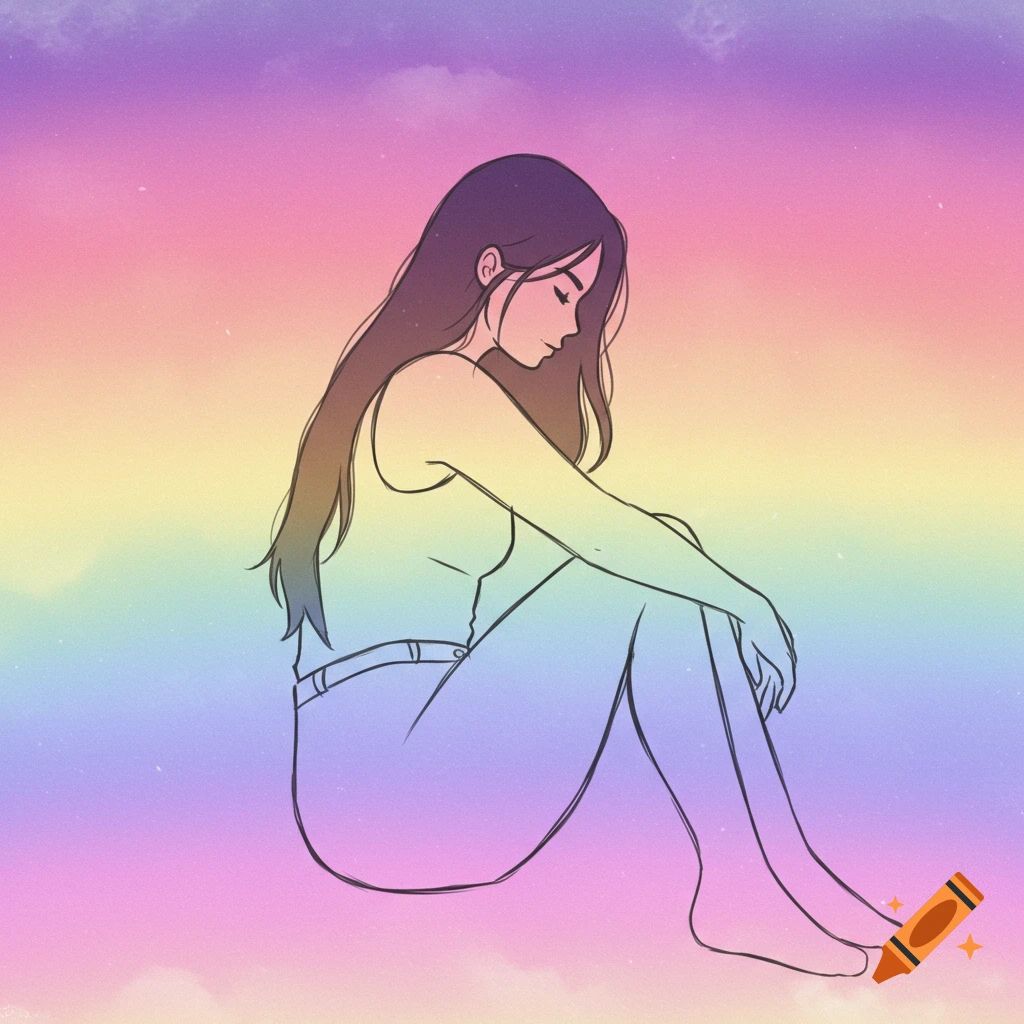 Outline illustration of a woman sitting against a rainbow gradient background.