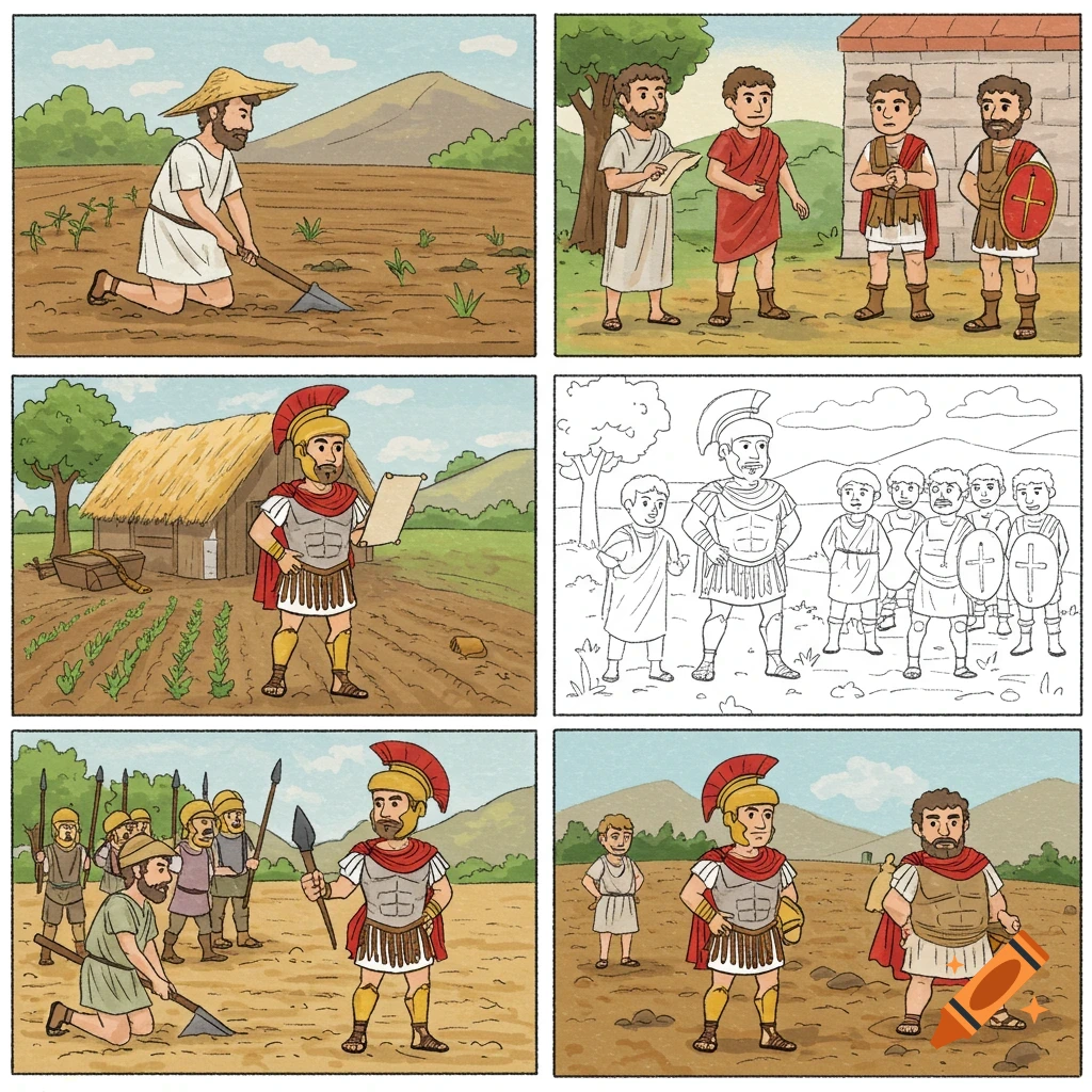 Multi-panel comic illustration depicting scenes of Cincinnatus farming and interacting with Roman soldiers and citizens.