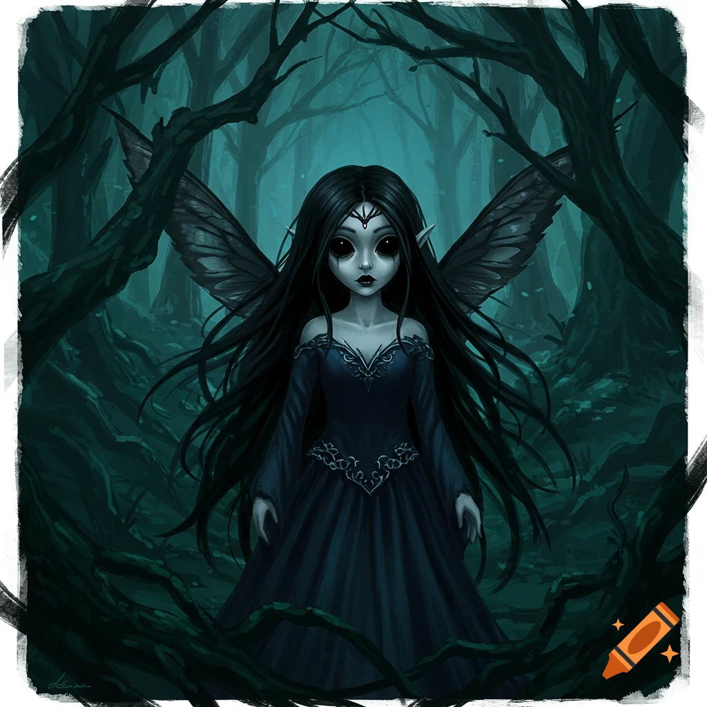 A dark fairy girl with long black hair, no pupils, and large black wings stands in a dark forest.