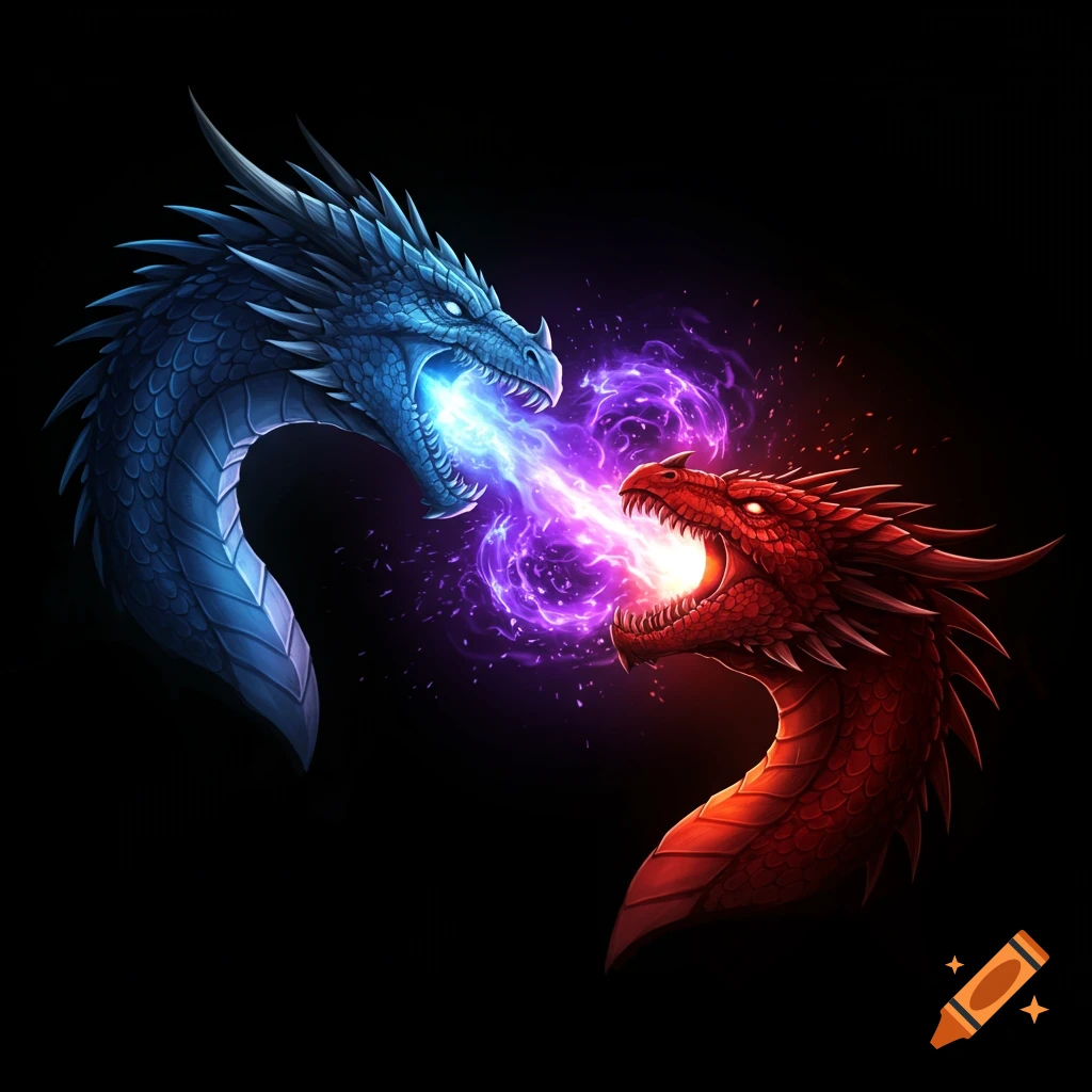 Two blue and red dragons breathing fire at each other, creating a purple ball of energy.
