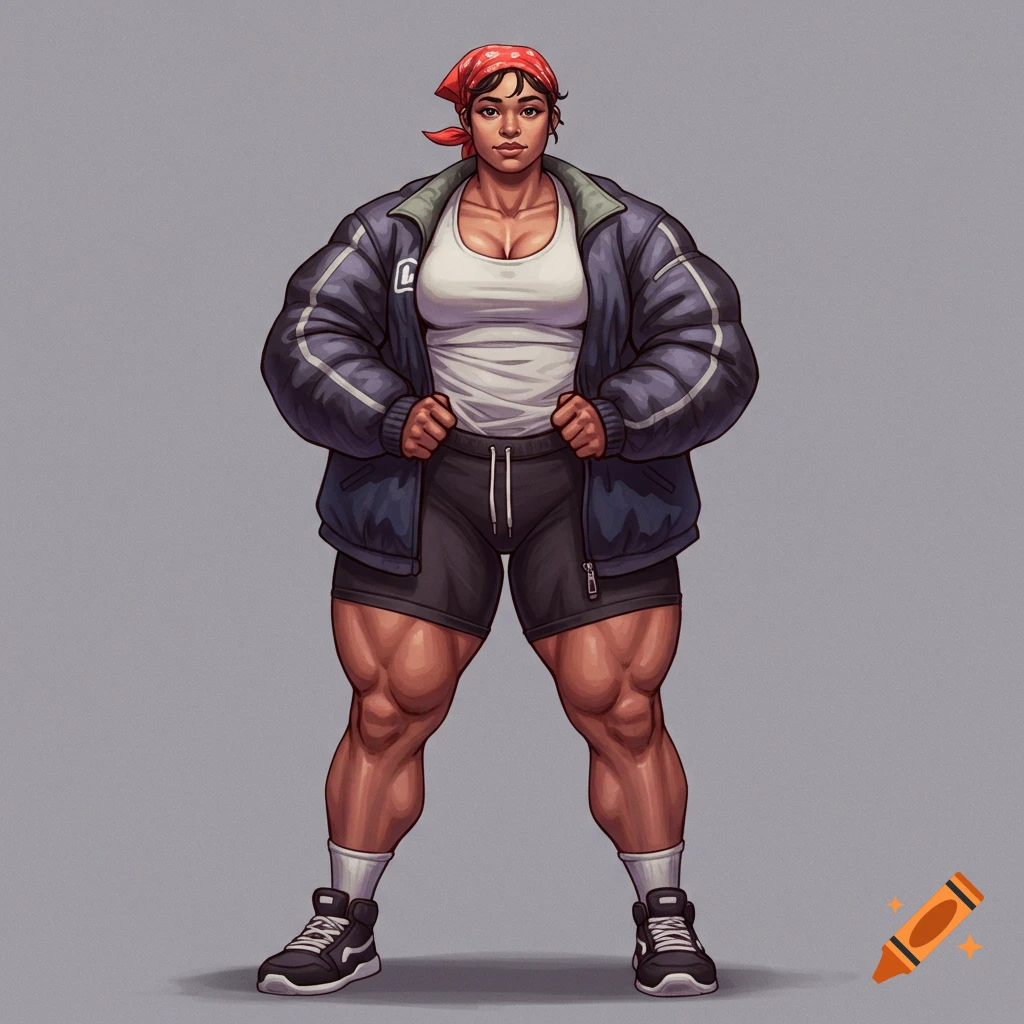 A muscular woman is wearing athletic wear and a red bandana.