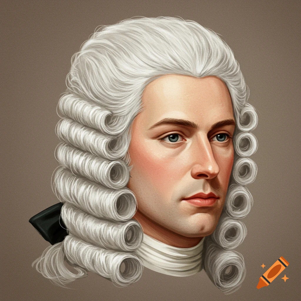 A close-up of a man wearing a white 1700s style wig and ruffled collar.