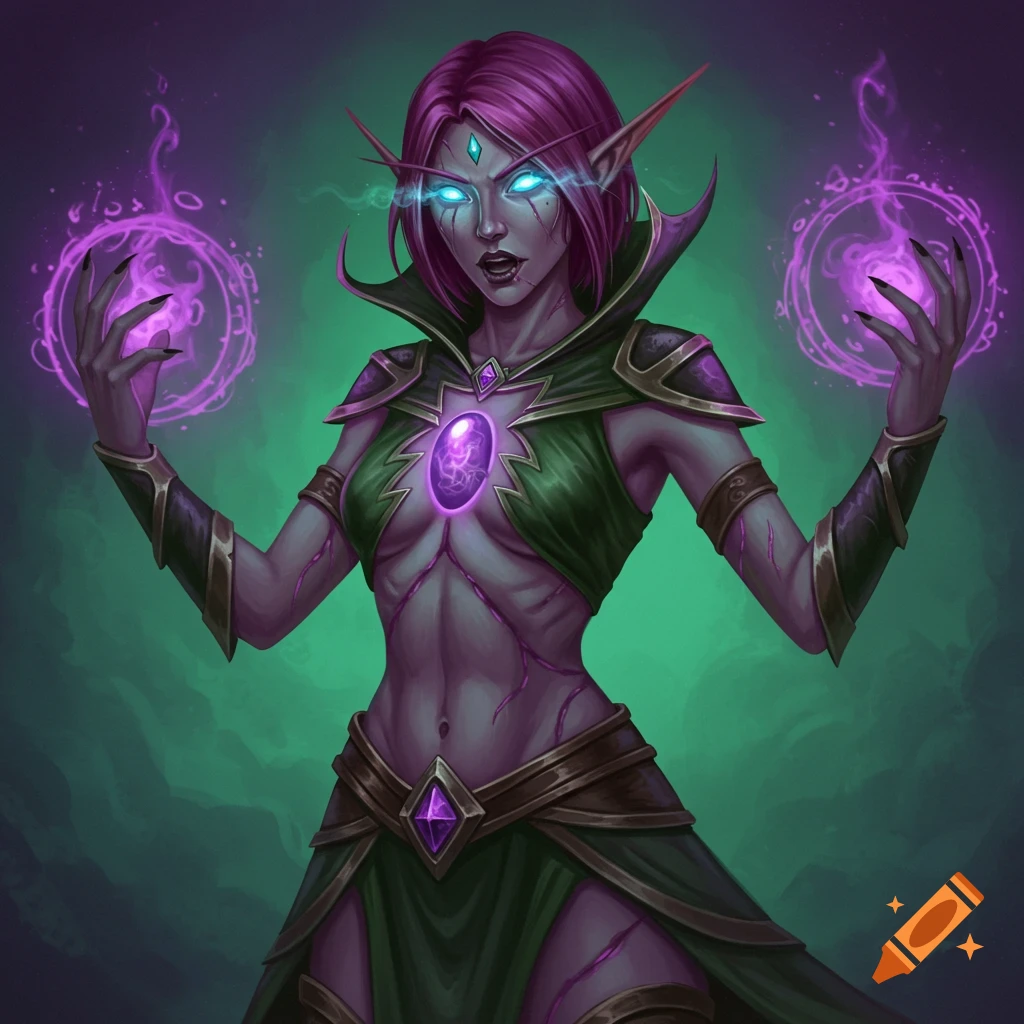 An Elven sorceress casting purple magic
