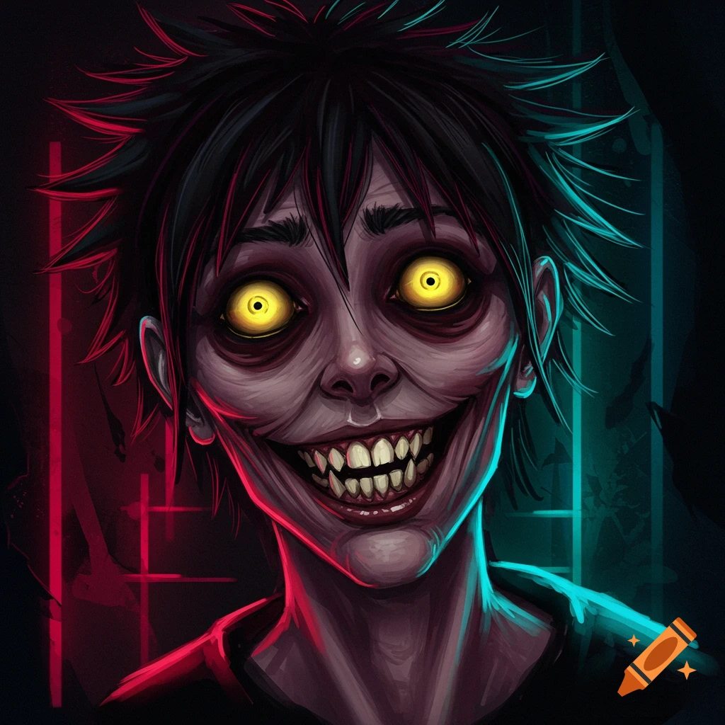Creepy face with glowing yellow eyes and a wide grin.