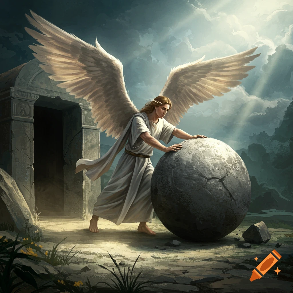 An angel is rolling a large stone away from a tomb.