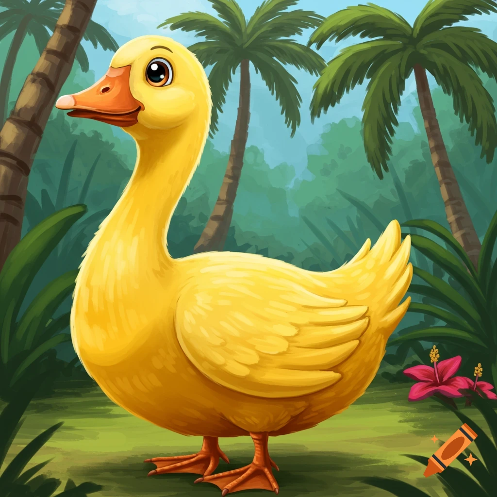 A yellow cartoon duck stands in a tropical jungle setting.