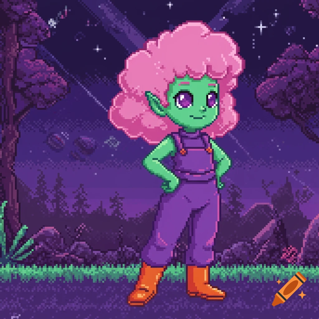Pixel art of a green alien child with pink hair in purple overalls standing in a starry landscape.