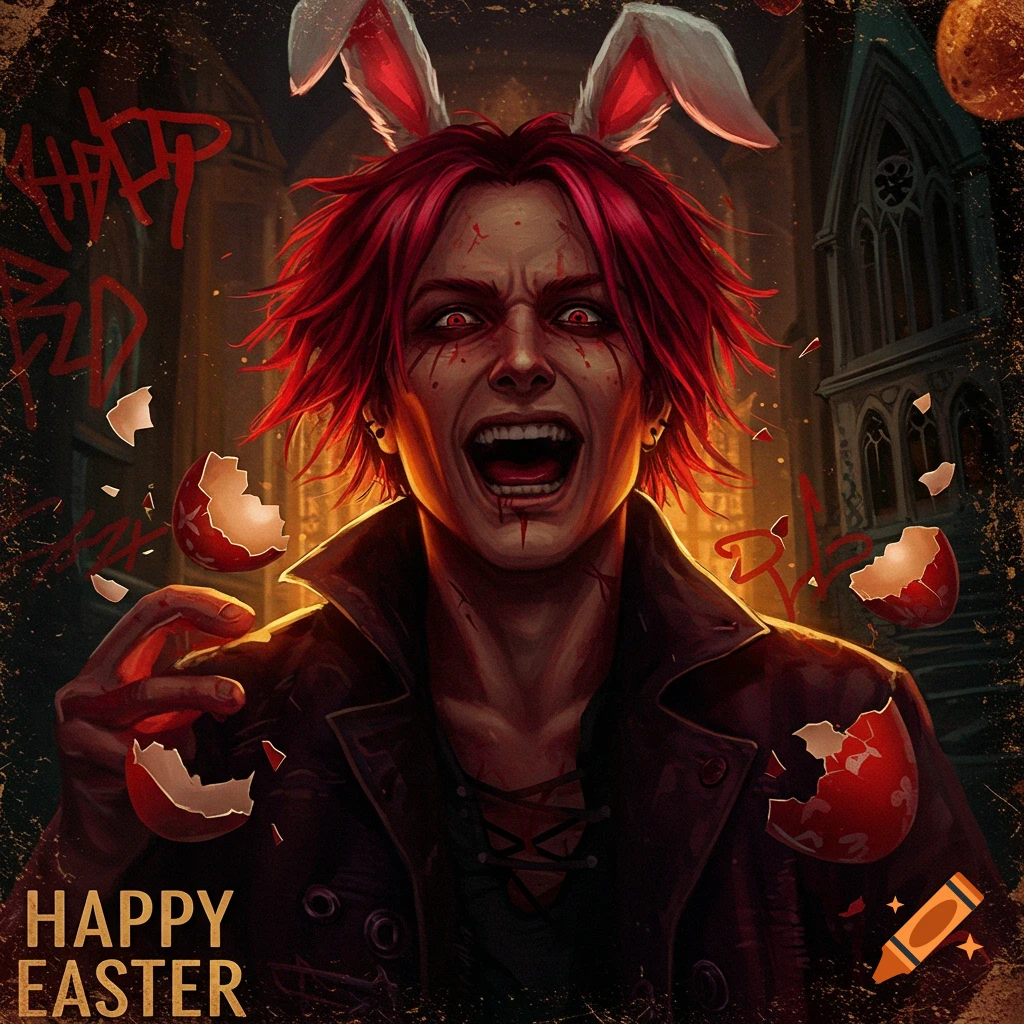 Grunge person with red hair and bunny ears, yelling and holding bloody broken eggs in a dark setting.