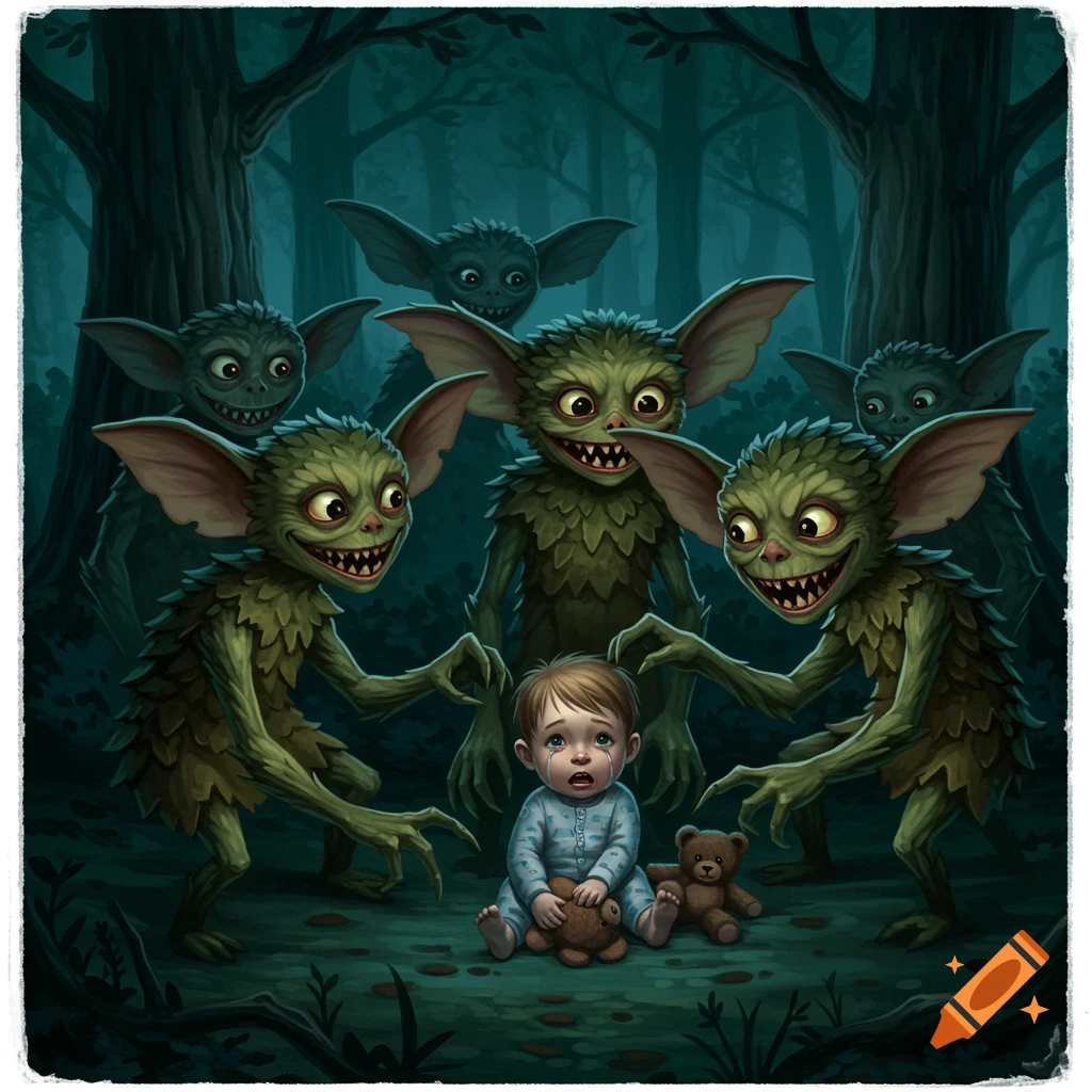 Green, goblin-like creatures surrounding a scared, crying child with teddy bears in a dark forest.