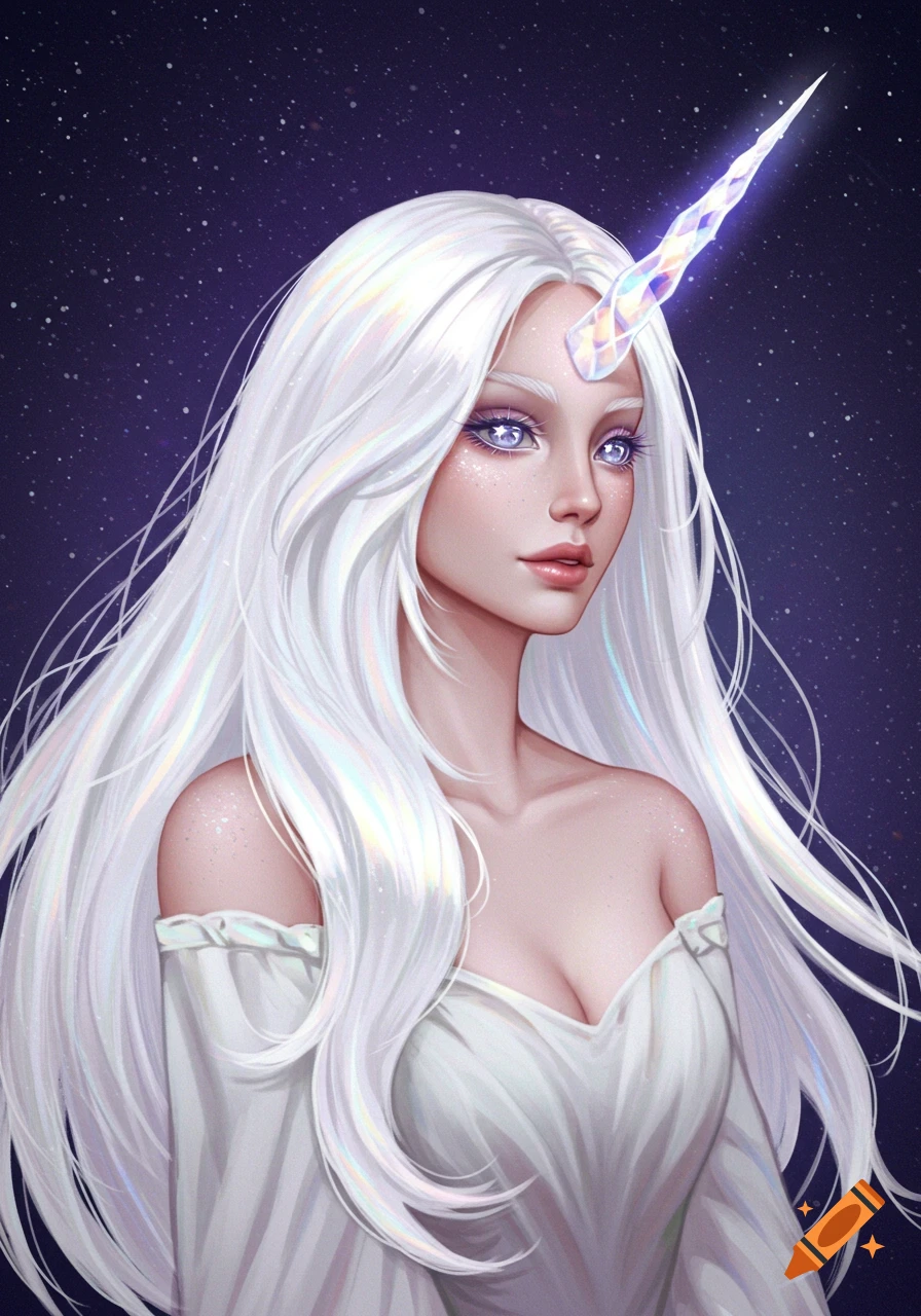 A woman with long white hair, violet eyes, and a crystal unicorn horn against a starry sky.