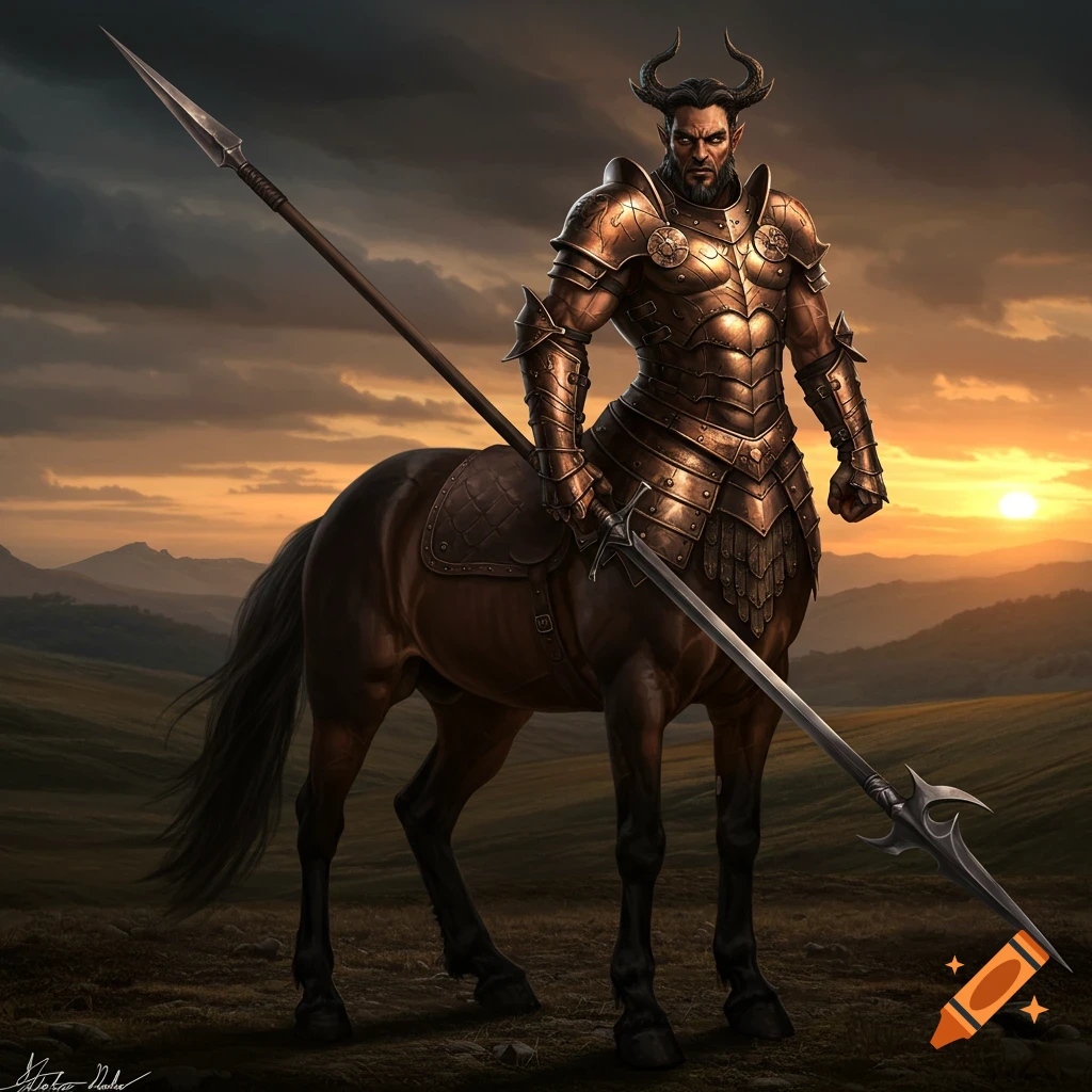 A heavily armored centaur warrior holds a spear and sword in a grassy field at sunset.