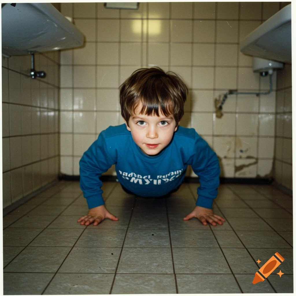 Young boy doing a pushup in a tiled bathroom, 90s photo style.
