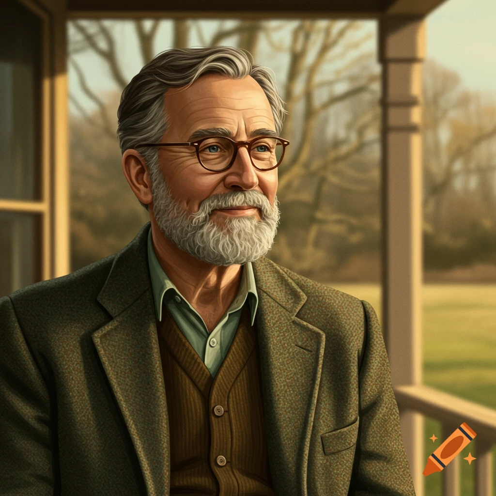 An older man with a beard and glasses is sitting on a porch.