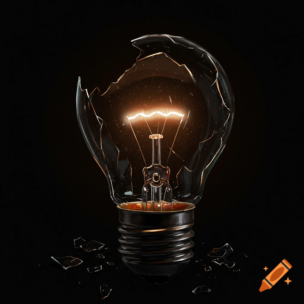 A broken light bulb with glowing filament on a black background.