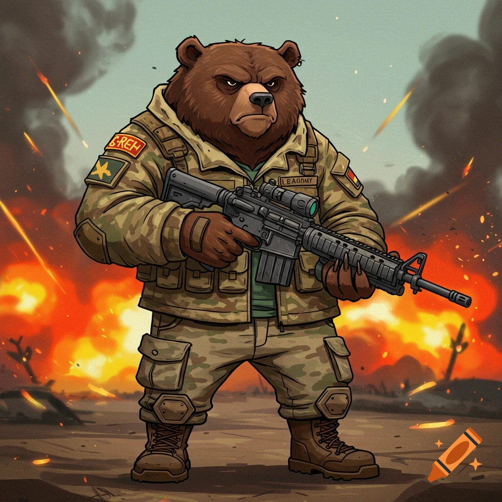 Painting of a grumpy cartoon bear in military fatigues holding a rifle in a battle zone.