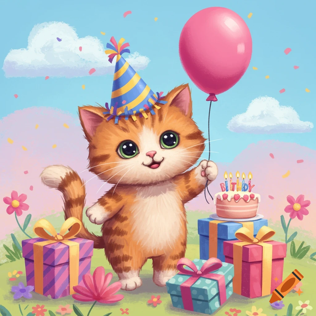 A cartoon orange kitten wearing a party hat stands by a birthday cake and presents, holding a pink balloon.