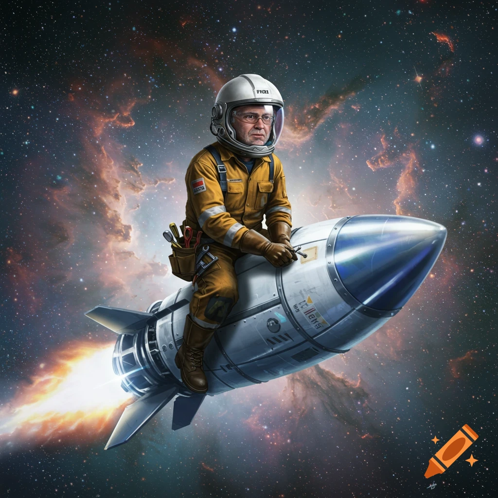 A man in an orange jumpsuit and space helmet rides a rocket through space.