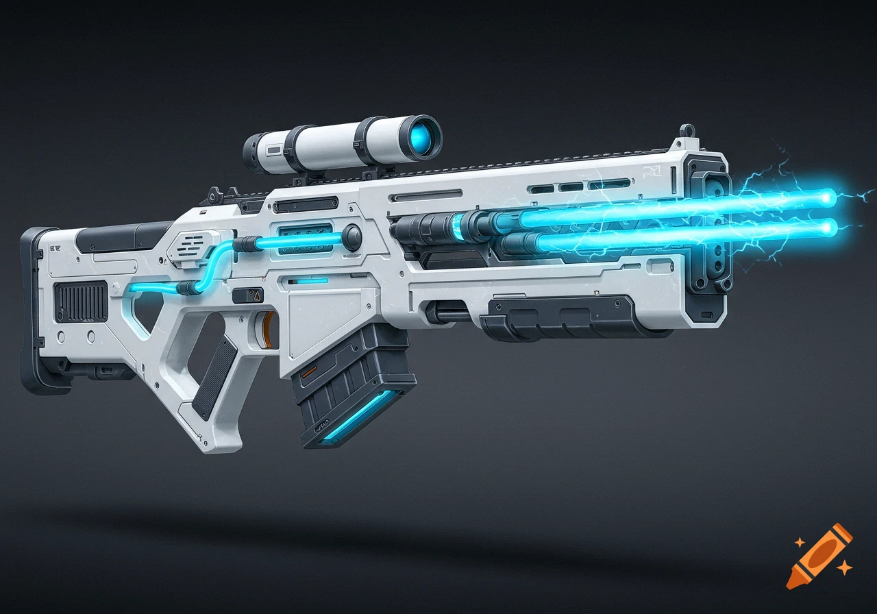 A futuristic white rifle firing blue energy blasts.