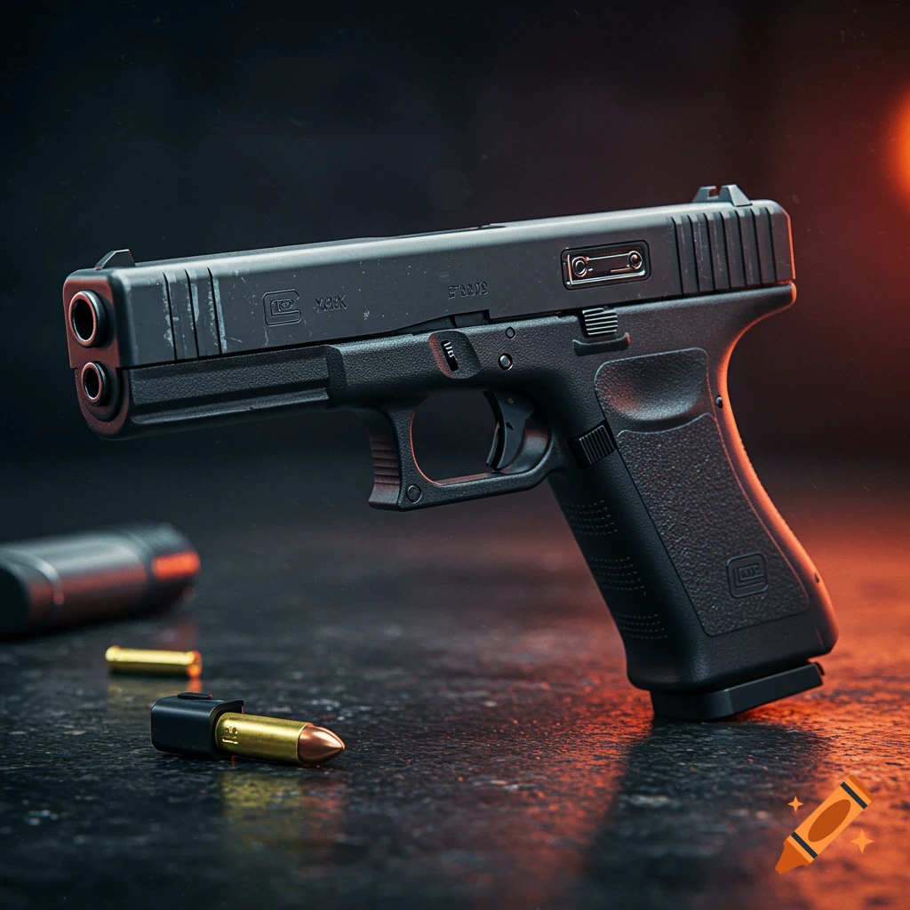 A detailed shot of a black handgun with bullets and a suppressor on a dark surface.