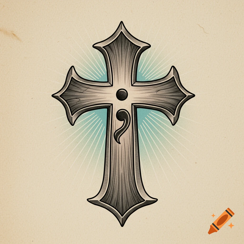 A stylized drawing of a Christian cross with a semicolon symbol in the center, against a light background with rays.
