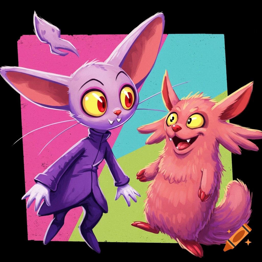Two cartoon monsters, one purple and one pink, stand against a colorful geometric background.
