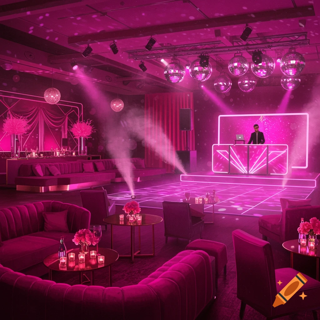 A vibrant pink-lit nightclub or party scene with lounge seating, a dance floor, and a DJ booth under disco balls.