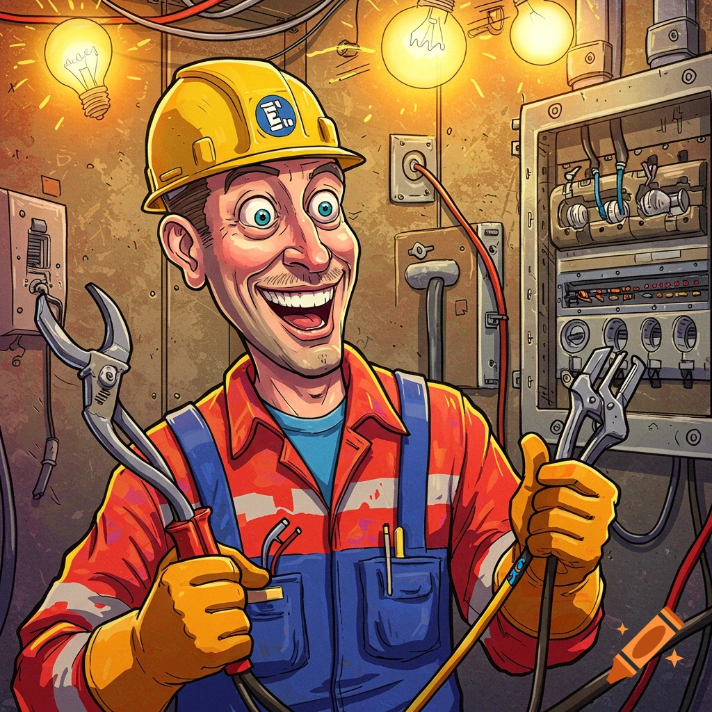 Cartoon electrician with exaggerated smile holding tools in front of an electrical panel.