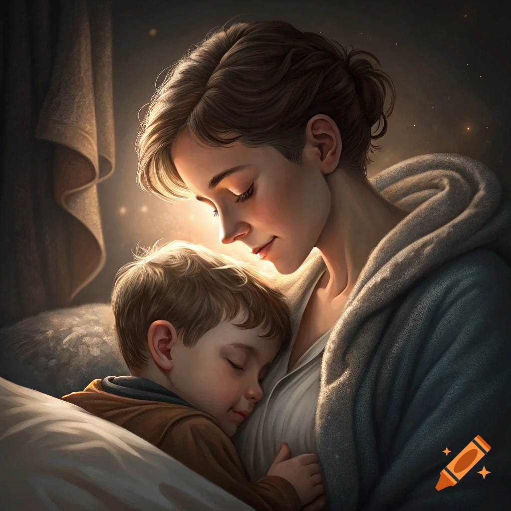 Illustration of a mother holding a sleeping child close