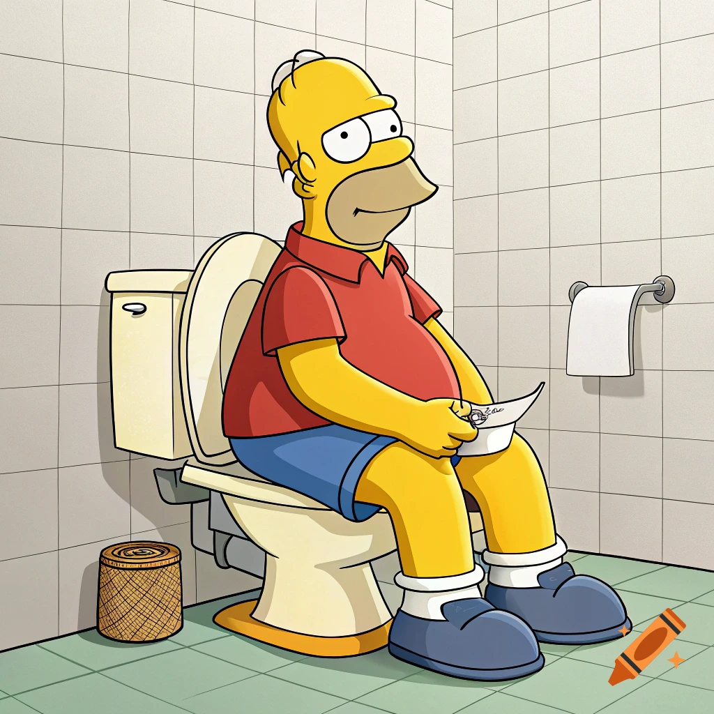 Homer Simpson sits on a toilet in a bathroom, holding a paper.