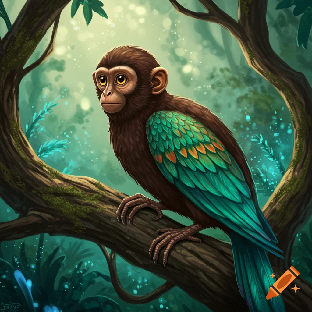 A fantasy monkey-bird creature perched on a tree branch in a forest.