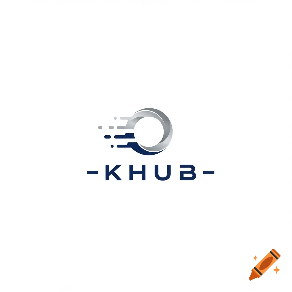 Logo with a metallic circle, blue speed lines, and the text -KHUB-