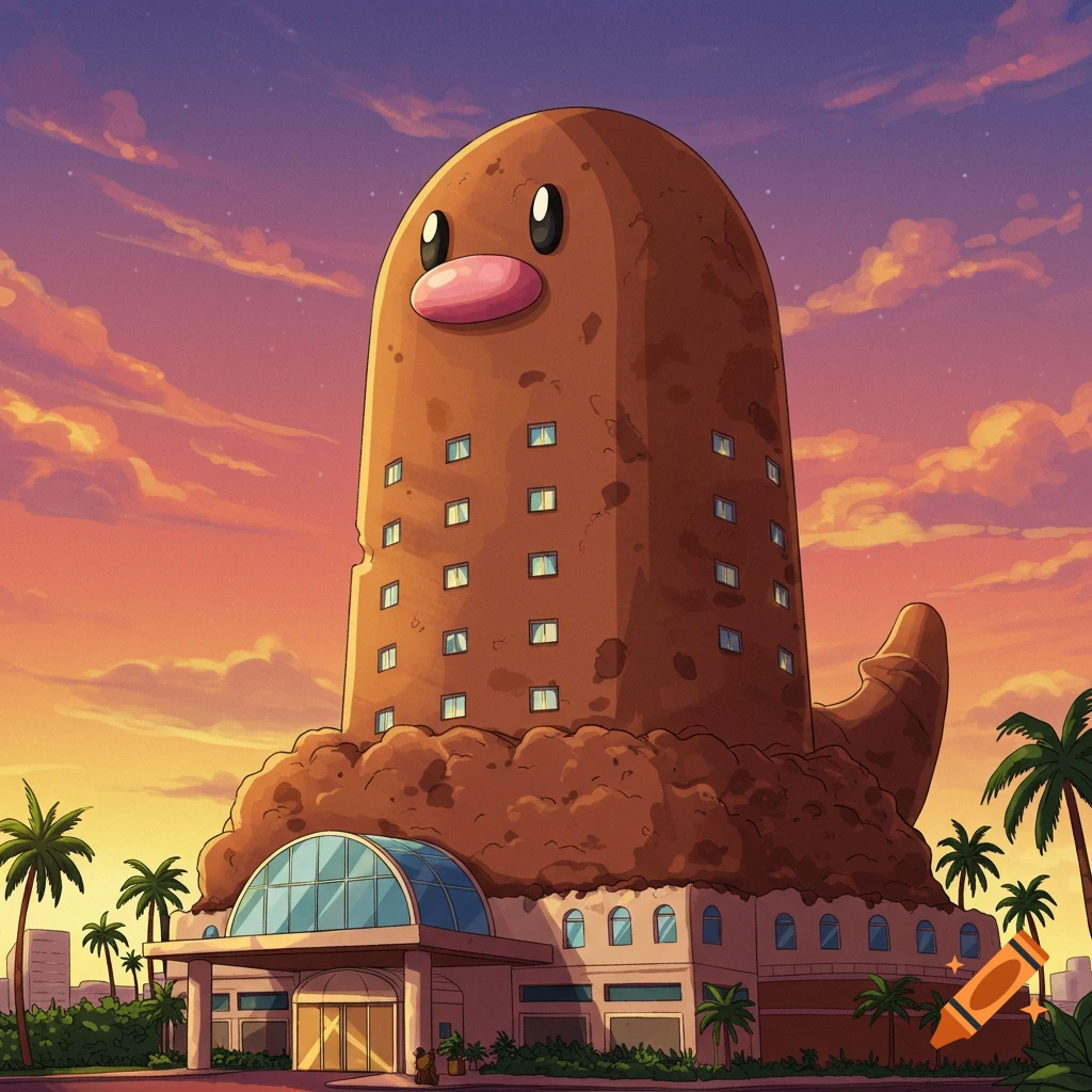 A hotel shaped like the Pokemon Diglett at sunset