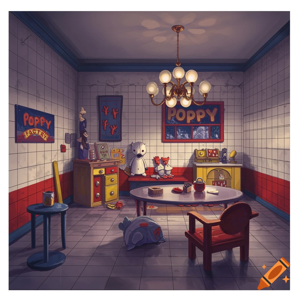 Stylized room with tiled walls, furniture, toys, and signs saying 'POPPY' and 'POPPY FACTRY'.