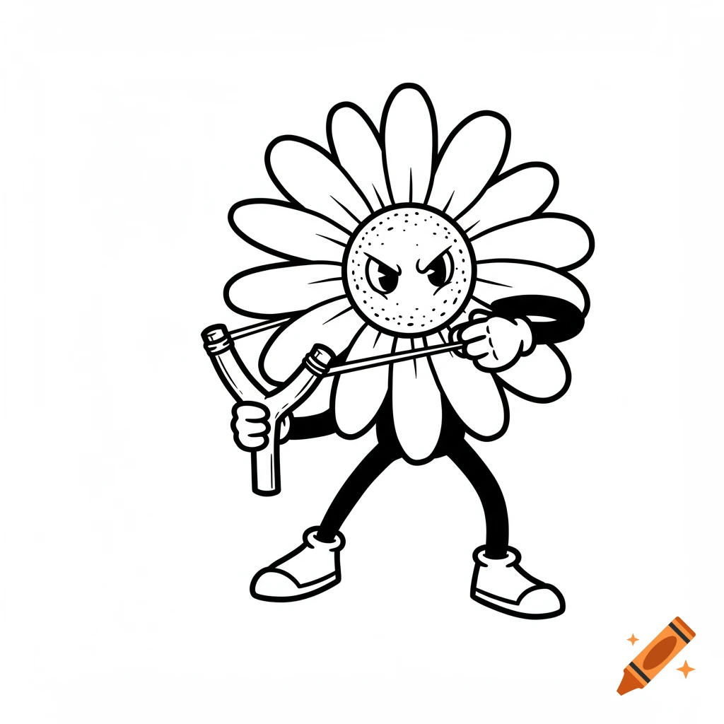 Black and white cartoony drawing of a daisy flower aiming a slingshot.