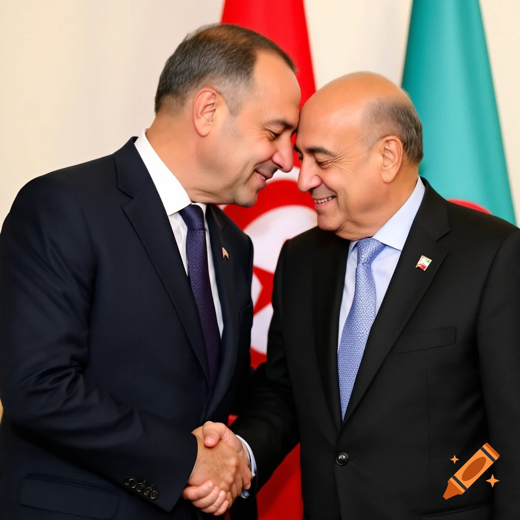 Two presidents touch foreheads and shake hands in front of national flags.