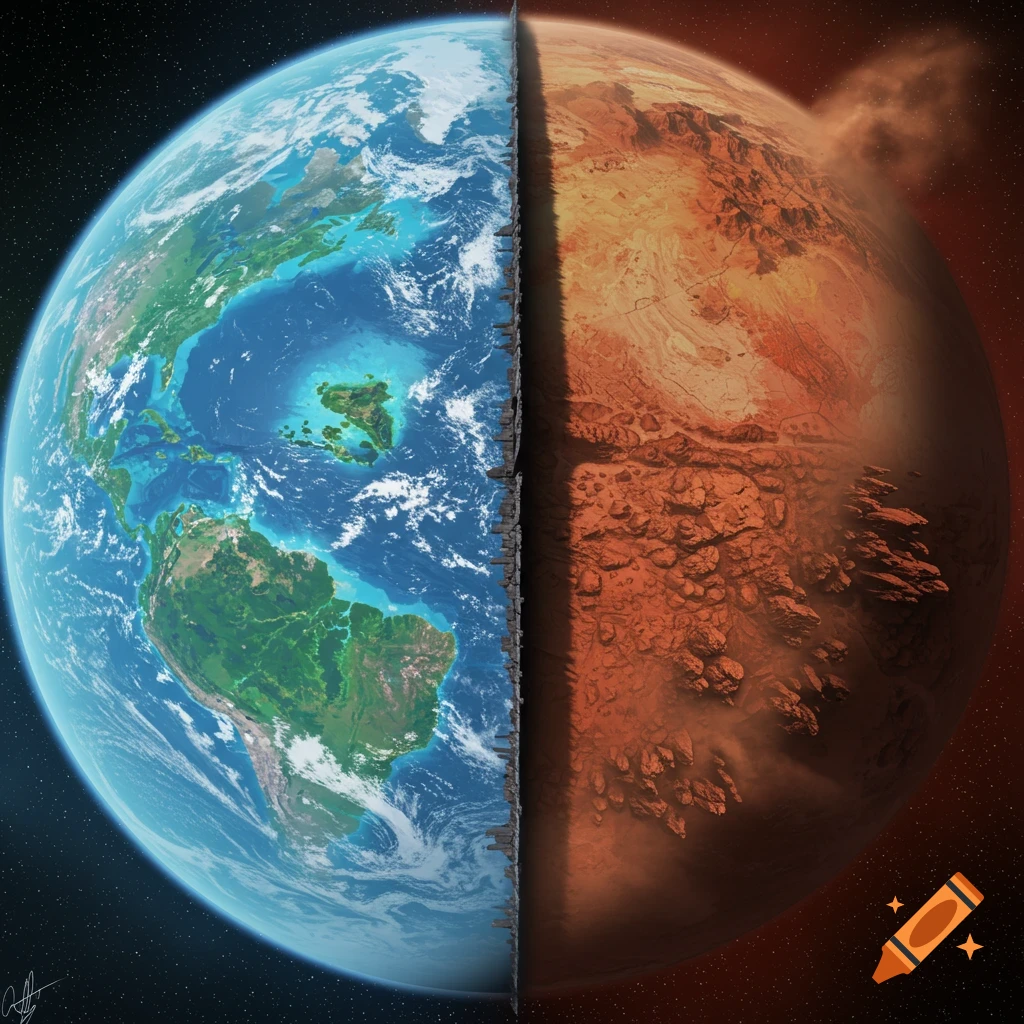 A planet split into an Earth half and a Mars half by a border wall.