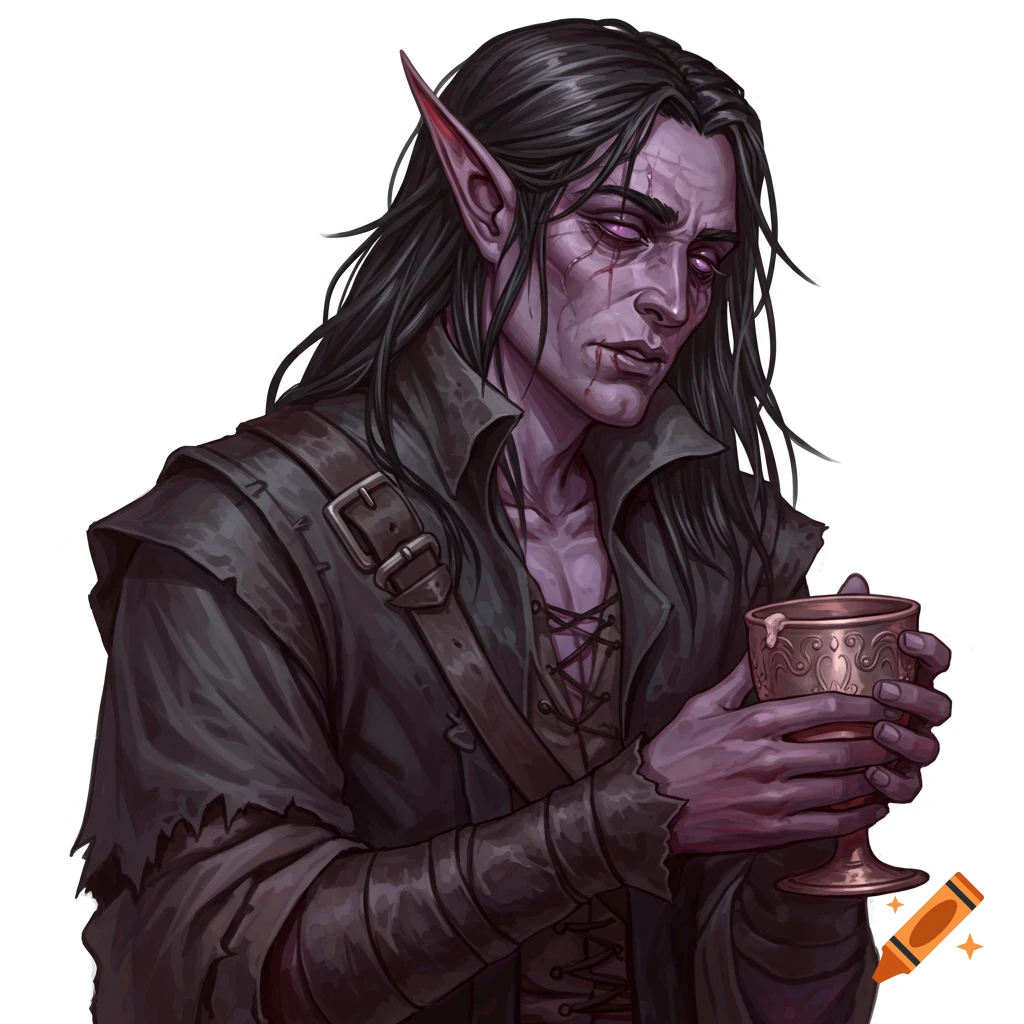 A purple-skinned Drow man with long black hair and scars holds a golden goblet. Painted style.