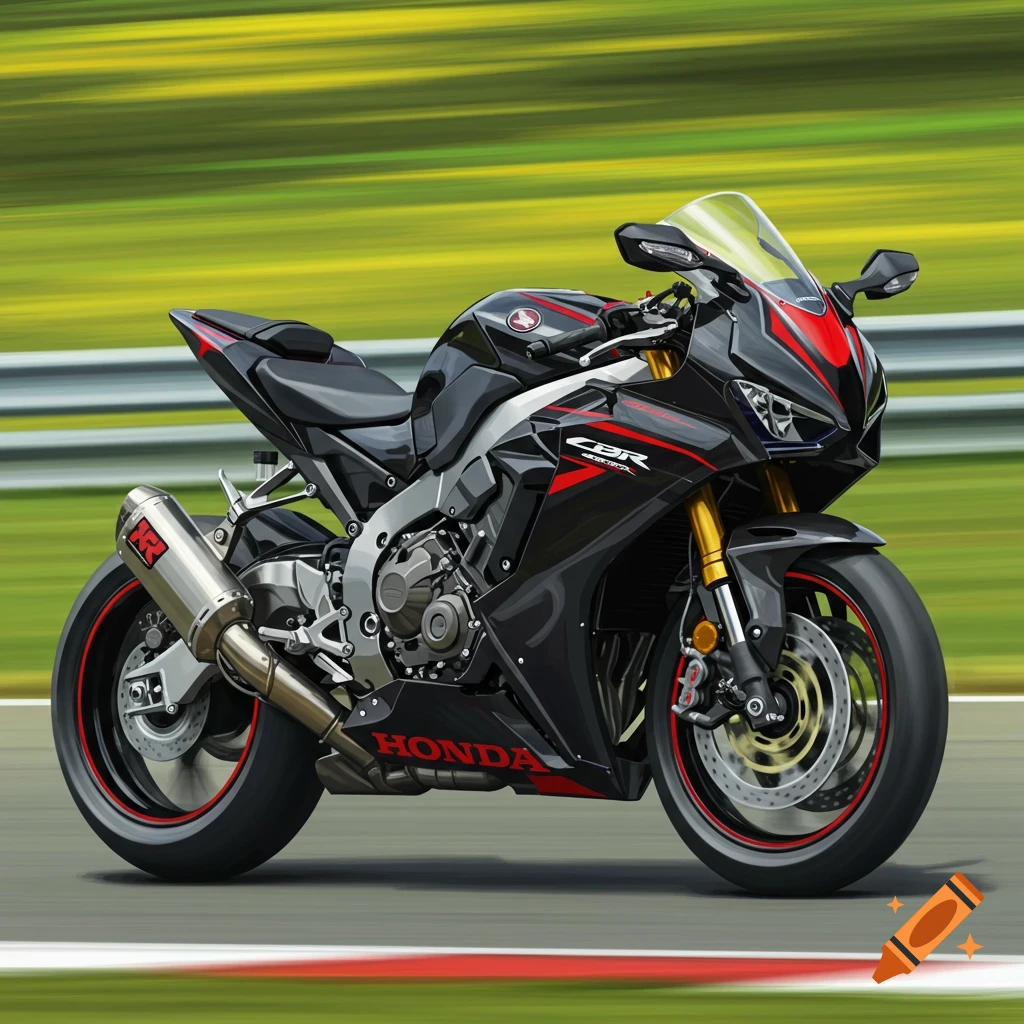 A black and red Honda CBR motorcycle on a race track with a motion-blurred background.