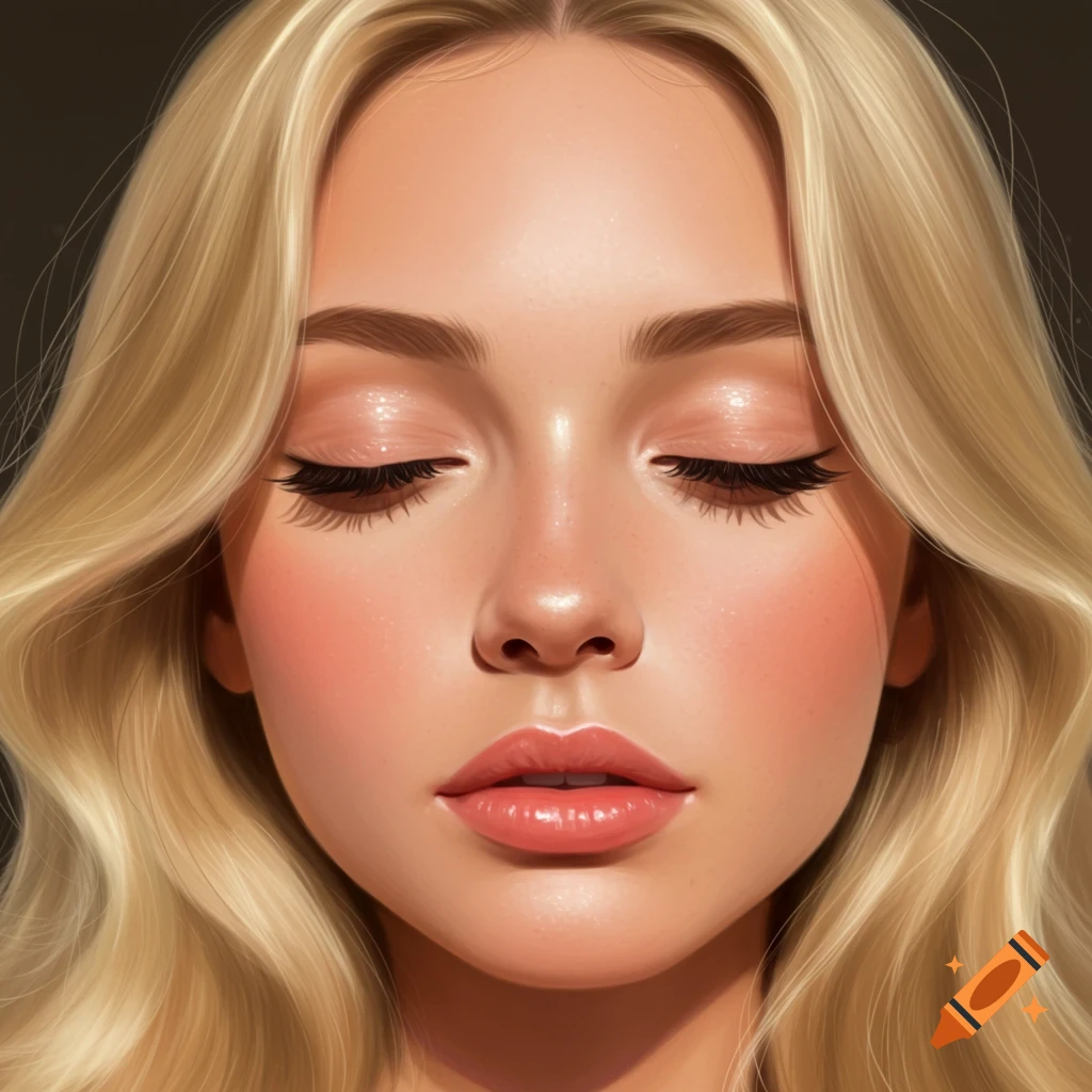 A blonde woman's face is shown with closed eyes.