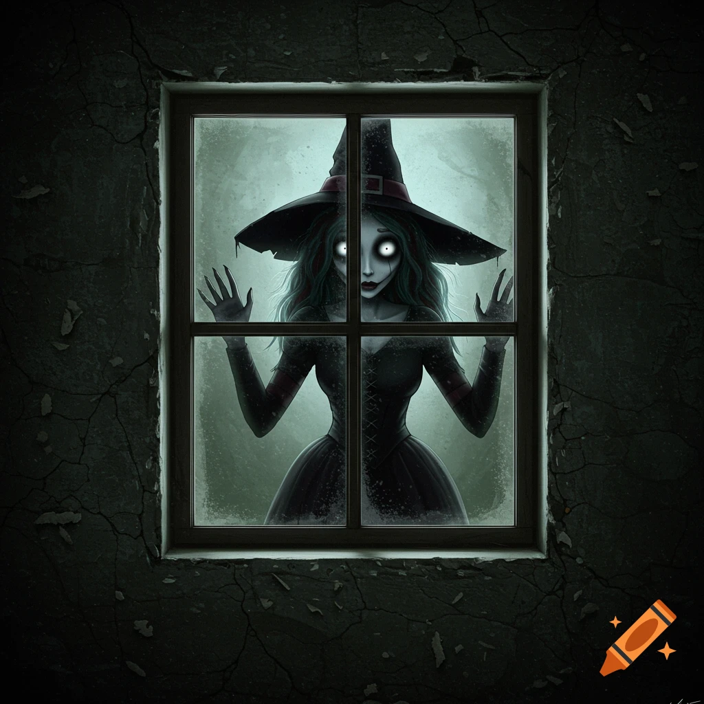 A creepy witch with wide white eyes looks through a dark window.