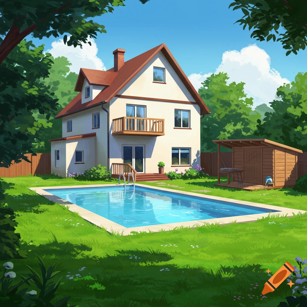 A house with a pool and shed in a sunny backyard.