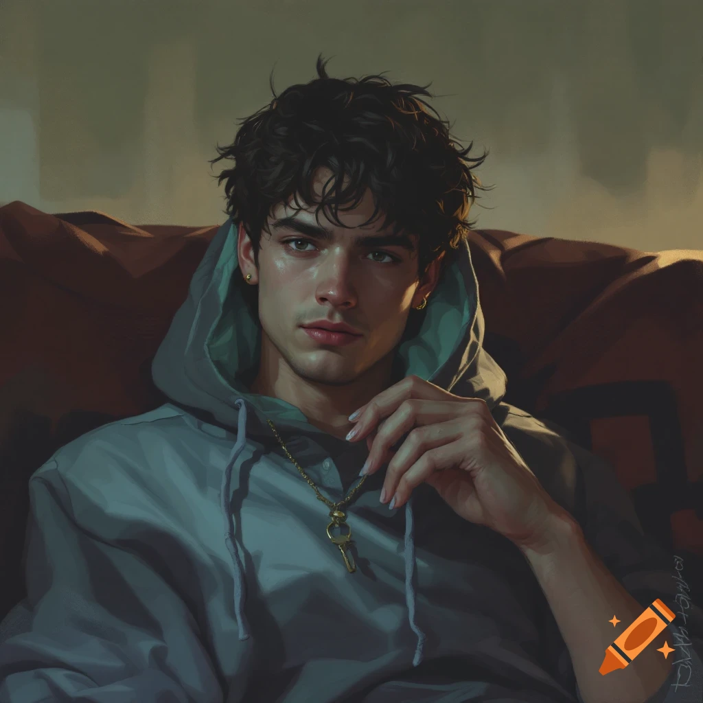 A young man with dark curly hair, wearing a gray hoodie and a gold key necklace, is sitting down.