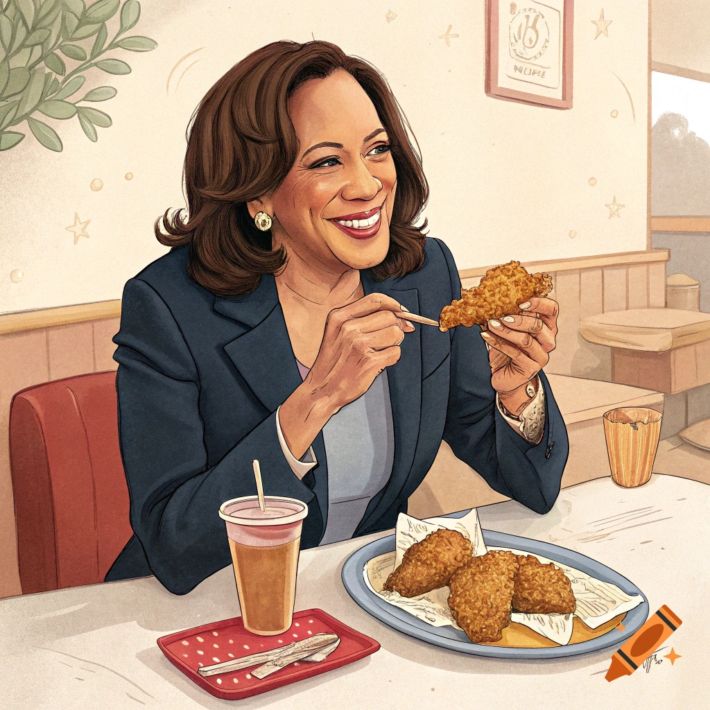 Illustration of Kamala Harris eating fried chicken in a restaurant.