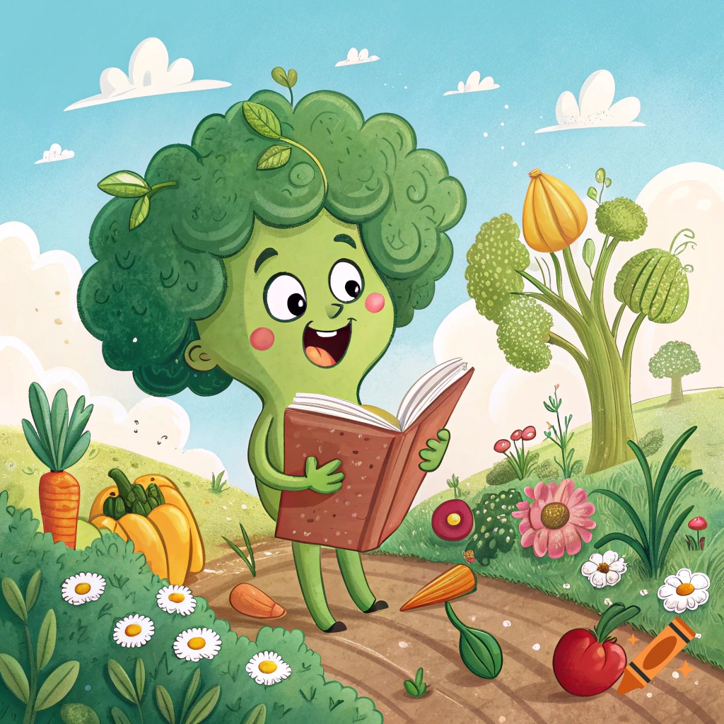 Cartoon broccoli character reading a book in a sunny garden with vegetables and flowers, children's illustration.
