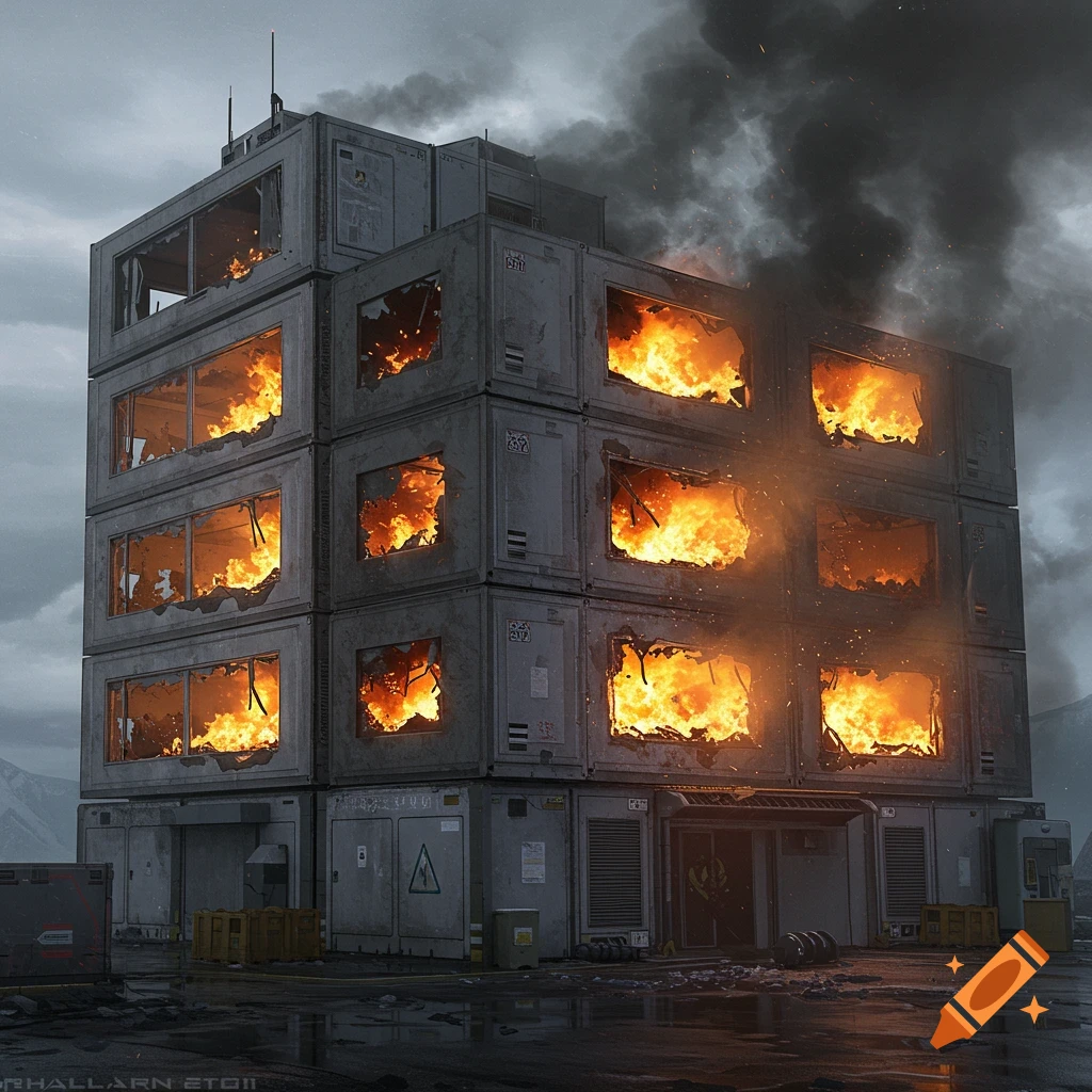 Futuristic modular building on fire with smoke rising.