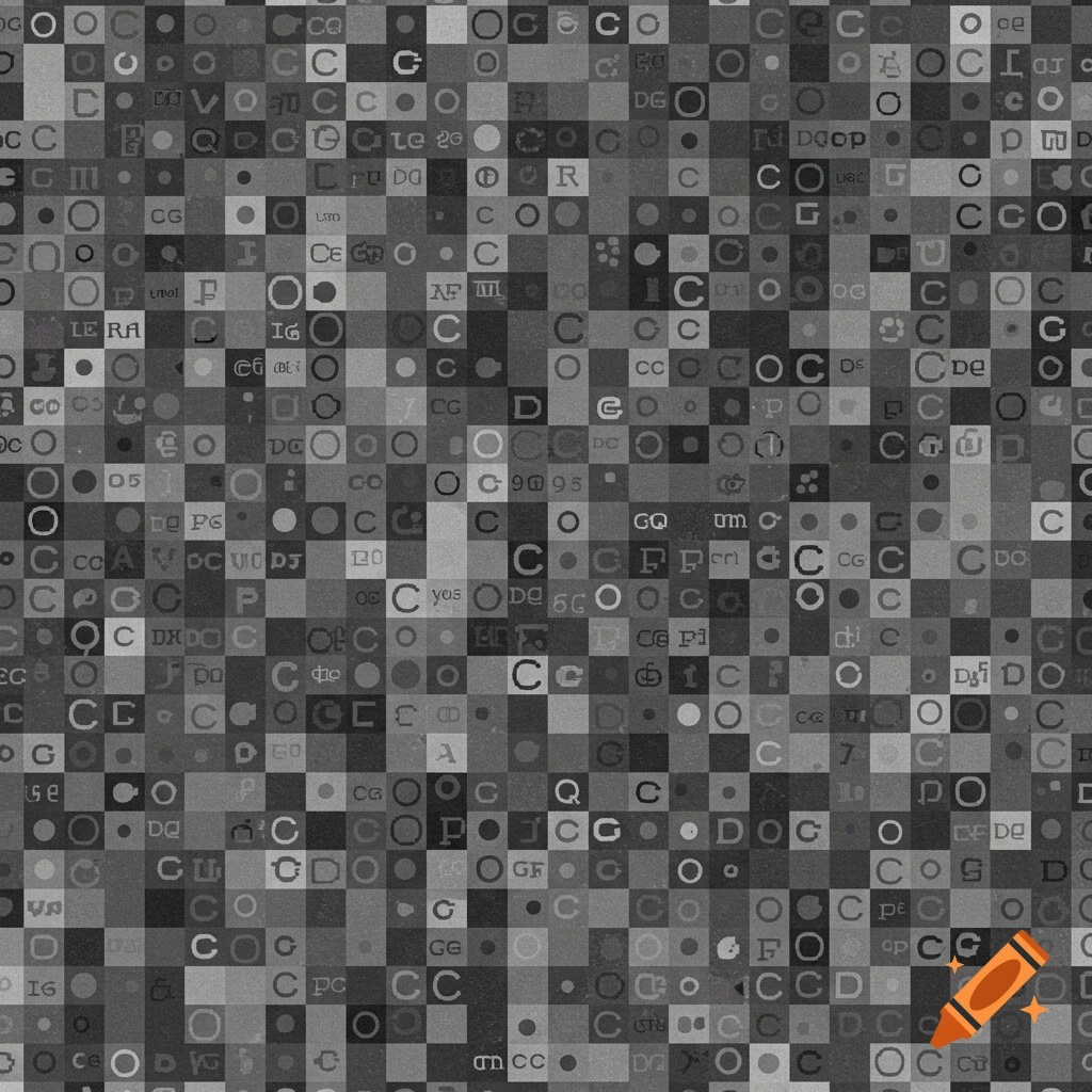 A dense grayscale digital pattern composed of letters, numbers, and symbols.