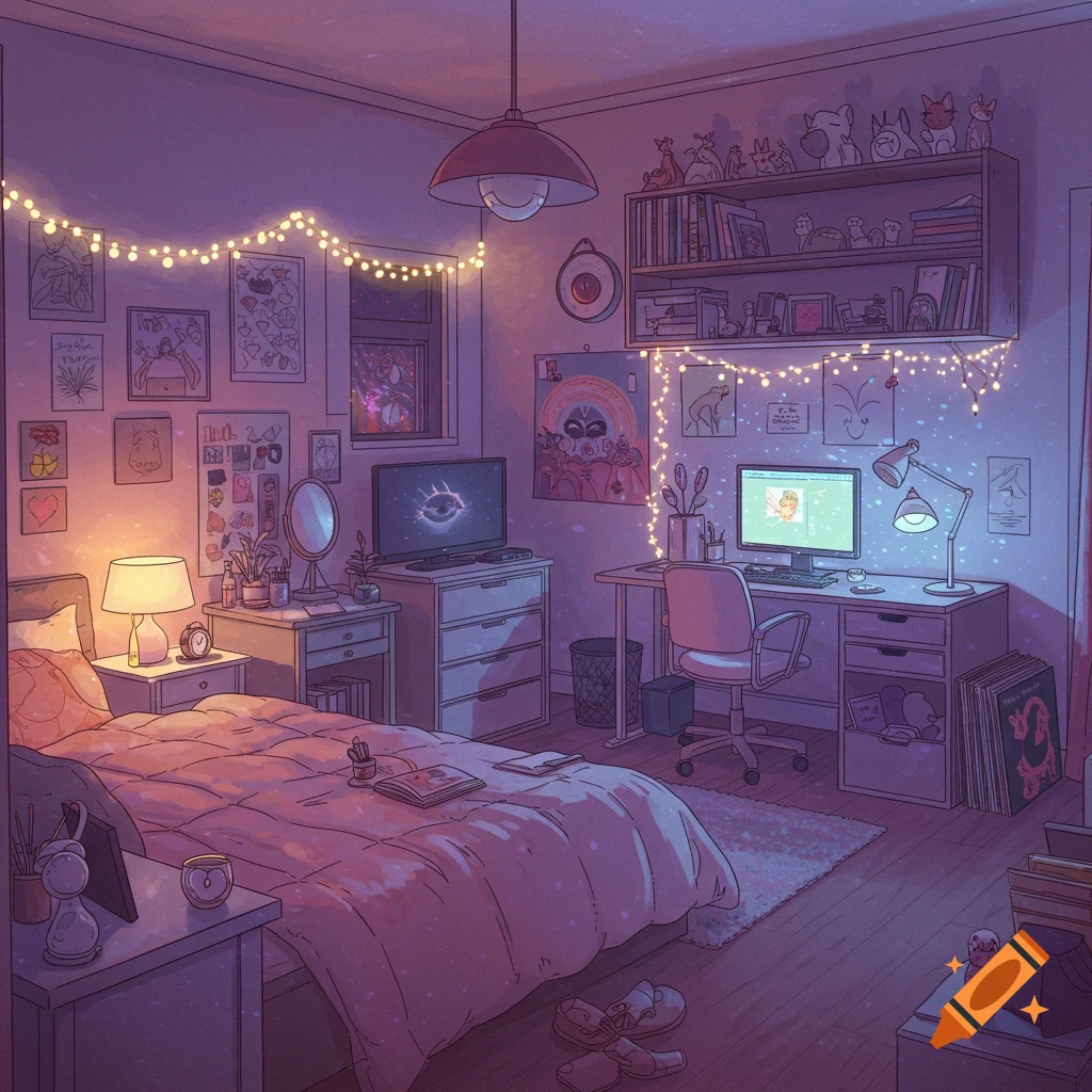 A cozy bedroom at night with fairy lights, bed, and desk.