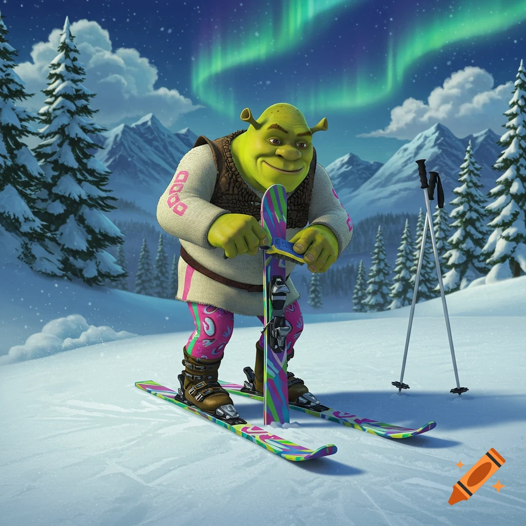 Shrek on skis in a snowy mountain landscape with aurora borealis