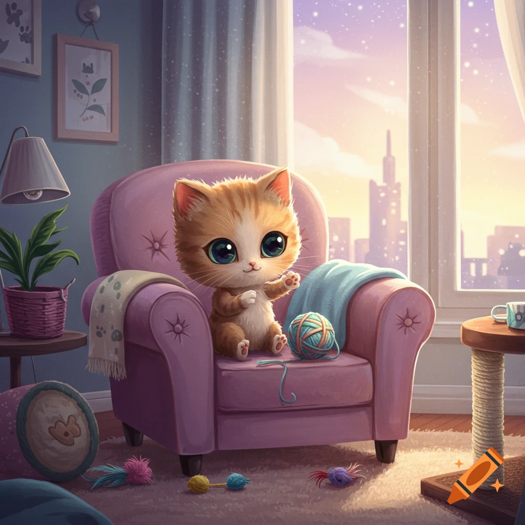 A cute stylized kitten sits on an armchair in an apartment looking out a window at a city skyline