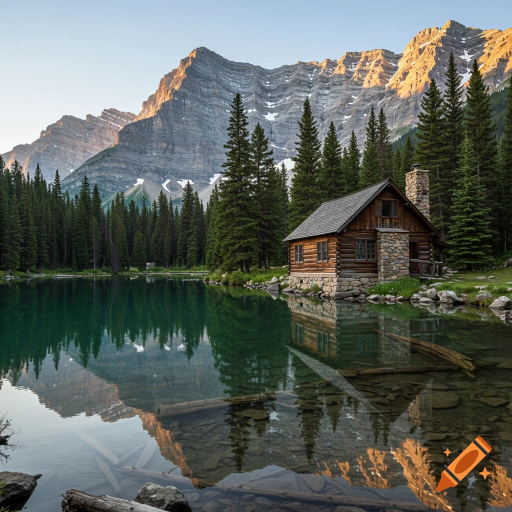 Log cabin by a clear lake reflecting pine trees and mountains under a bright sky.